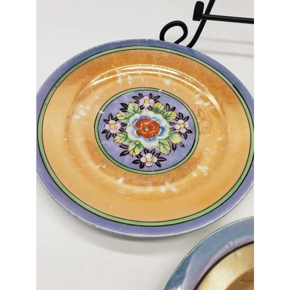 3 Vintage Japan Lusterware Saucers birds flowers and one plain